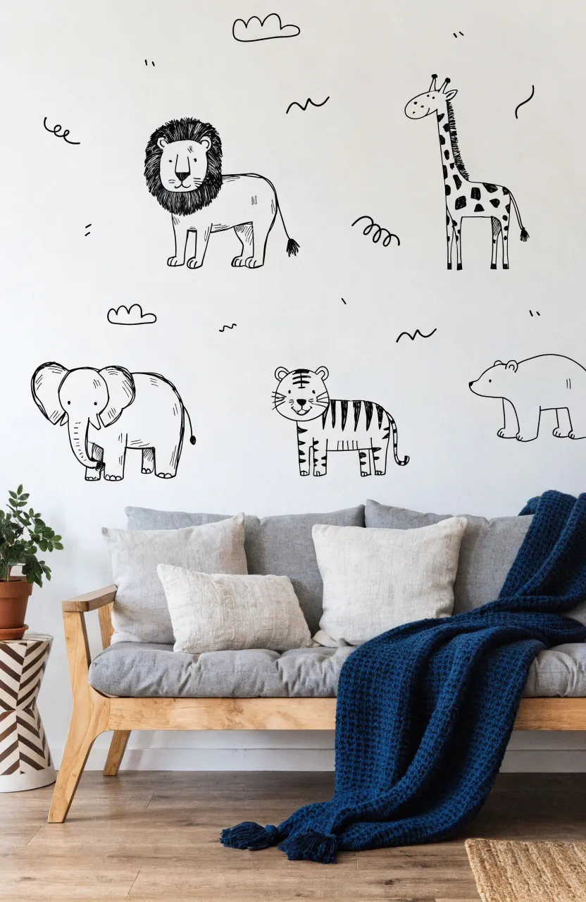 Black and white hand-drawn animal line-art stickers of a lion, elephant, and tiger on a white wall above a wooden sofa.