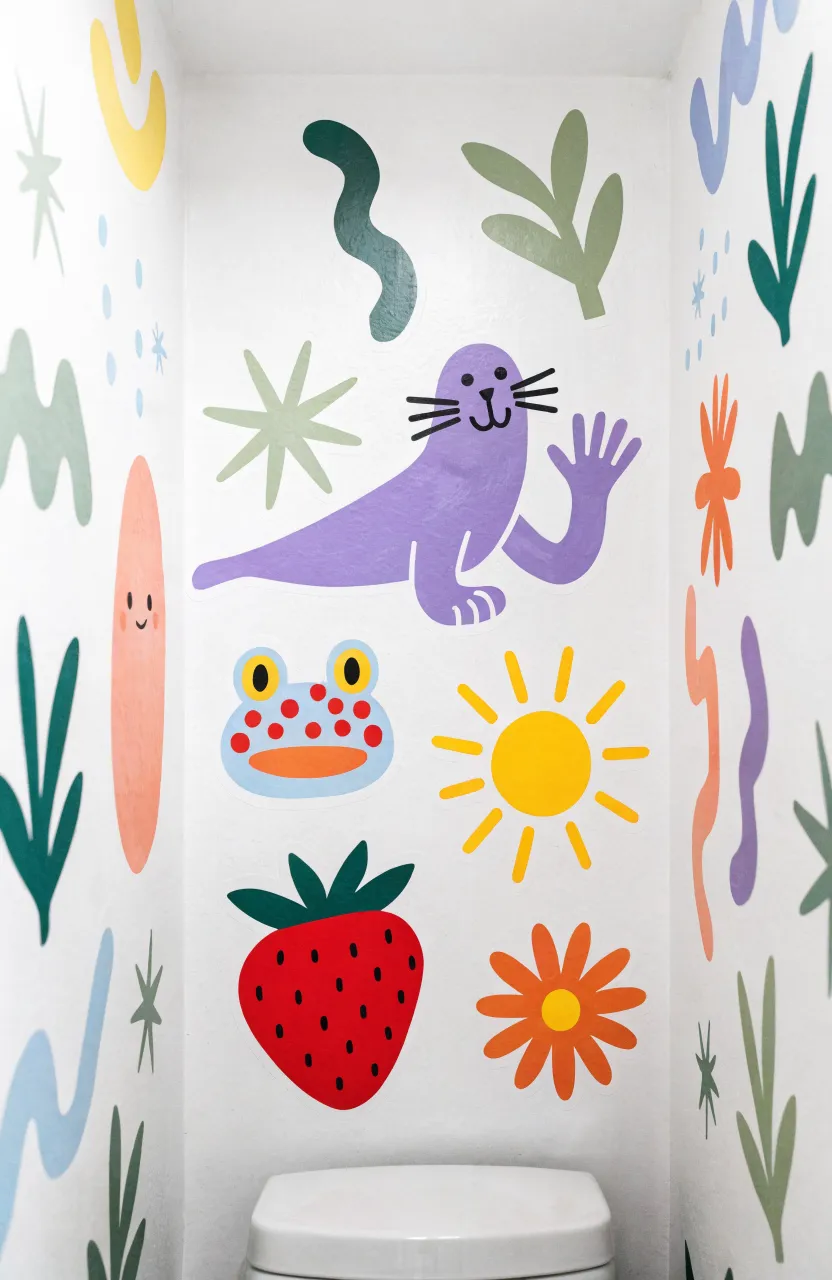 Quirky bathroom corner with colorful purple seal, frog head, and strawberry stickers on a white wall above a toilet.