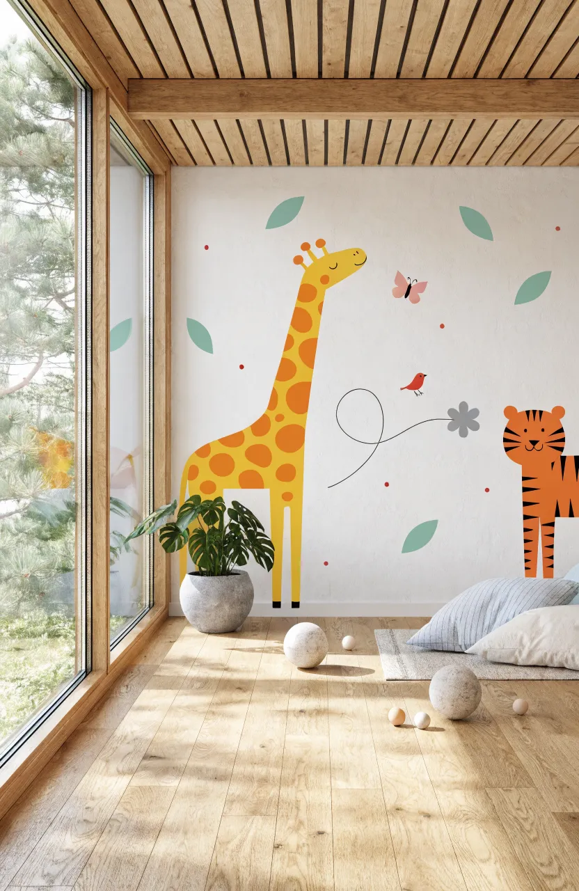 Scandi-minimalist nursery with a large yellow giraffe and orange tiger decal next to a floor-to-ceiling wooden window.