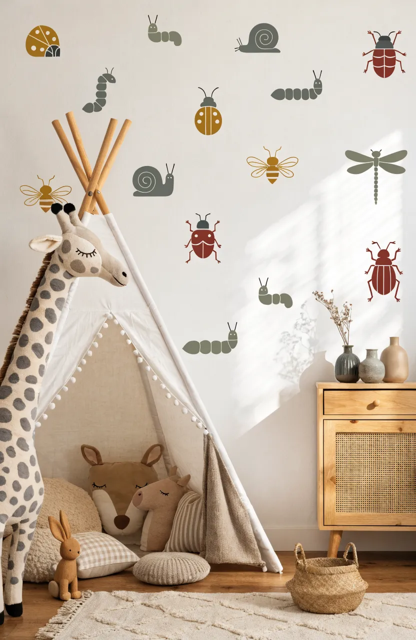 Kids play area with a white teepee and scattered insect wall decals including ladybugs, bees, and dragonflies.