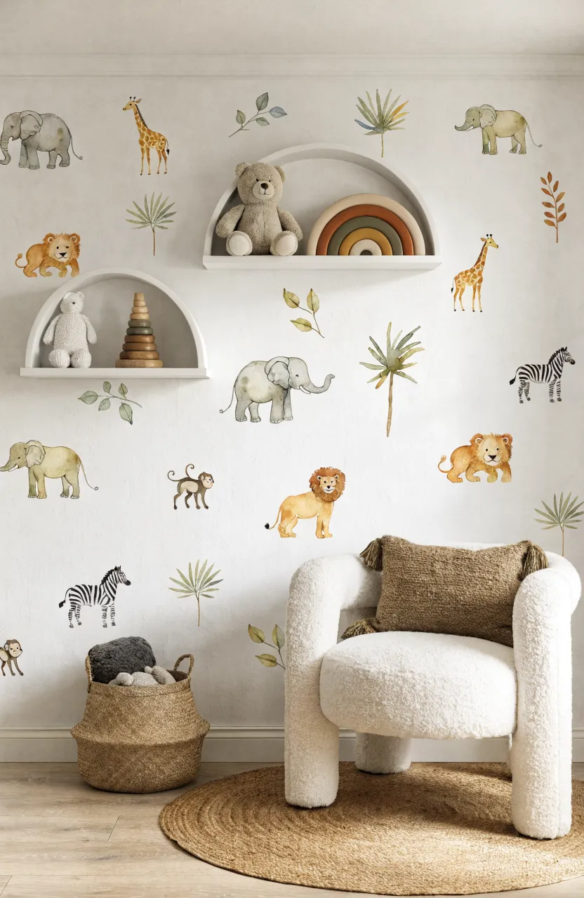 Modern minimalist nursery featuring watercolor safari animals and two white arched floating shelves.