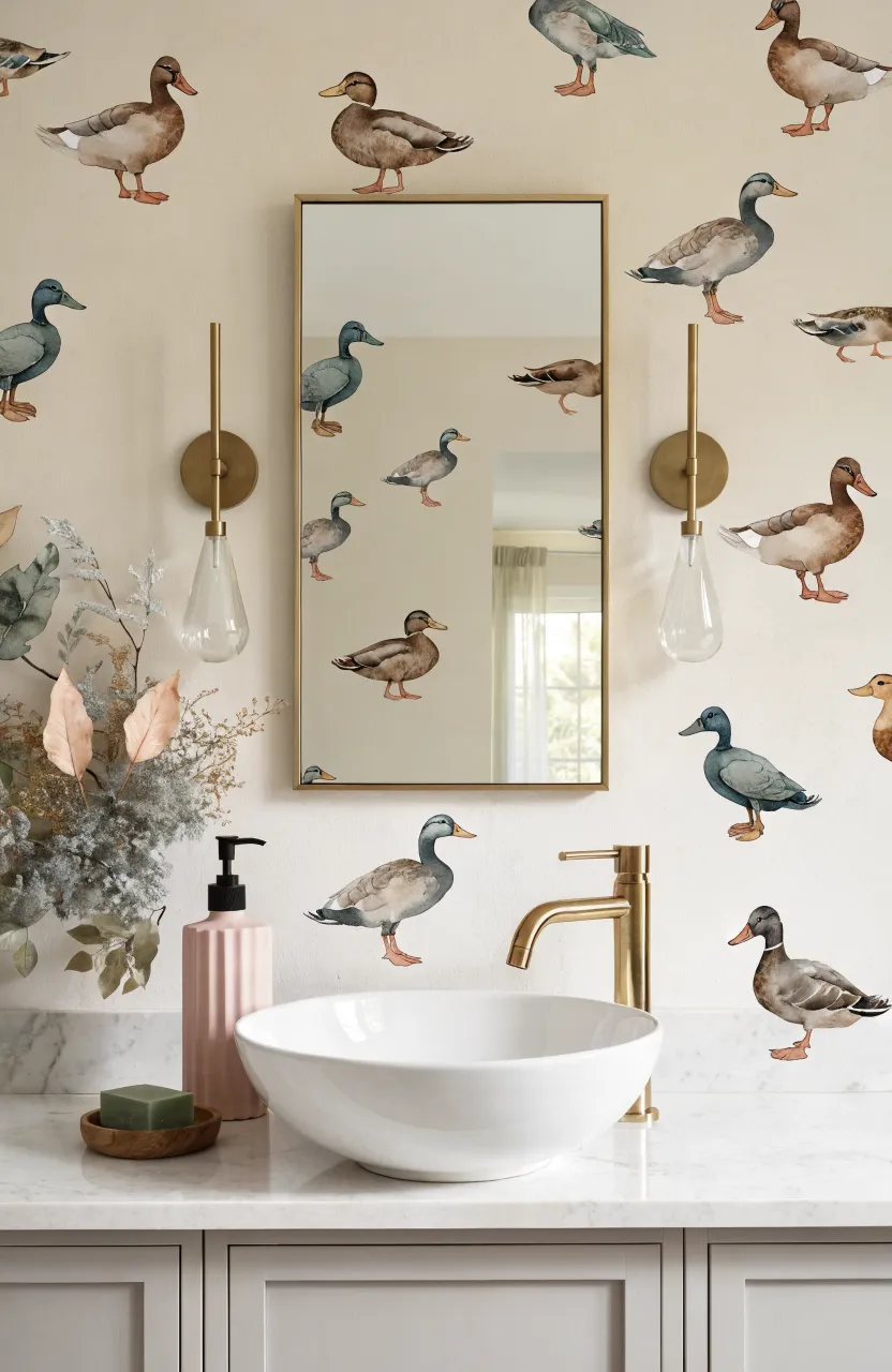 Bathroom vanity with watercolor runner duck motifs on a beige-cream wall next to a gold faucet.