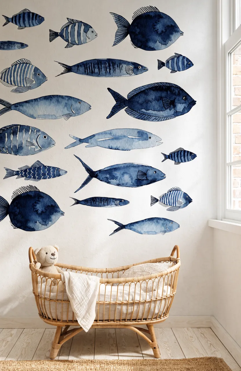 Wicker moses basket against a white wall with a group of blue watercolor-style fish decals.