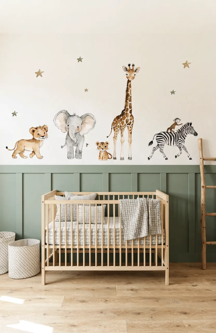 Nursery with sage green wainscoting and watercolor safari animals on the upper cream portion of the wall.