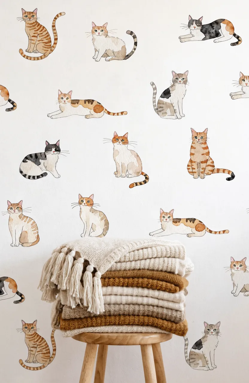 White wall decorated with various watercolor cat decals in poses like sitting and stretching, above a wooden stool.