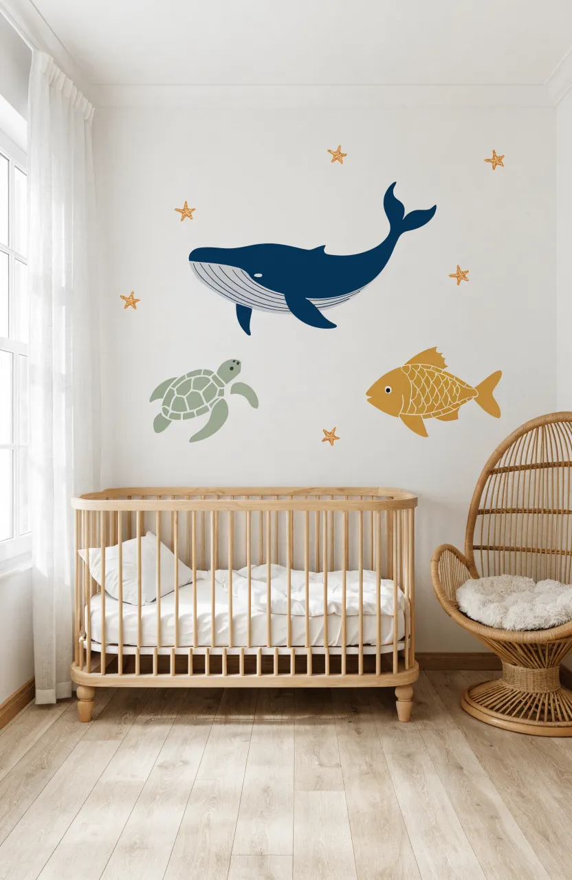 Modern nursery with a blue whale, sea turtle, and starfish decals on a white wall behind a wooden crib.