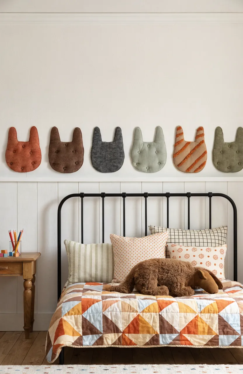 Minimalist cat head silhouettes in varied earth tones lined up on a horizontal ledge above a bed.