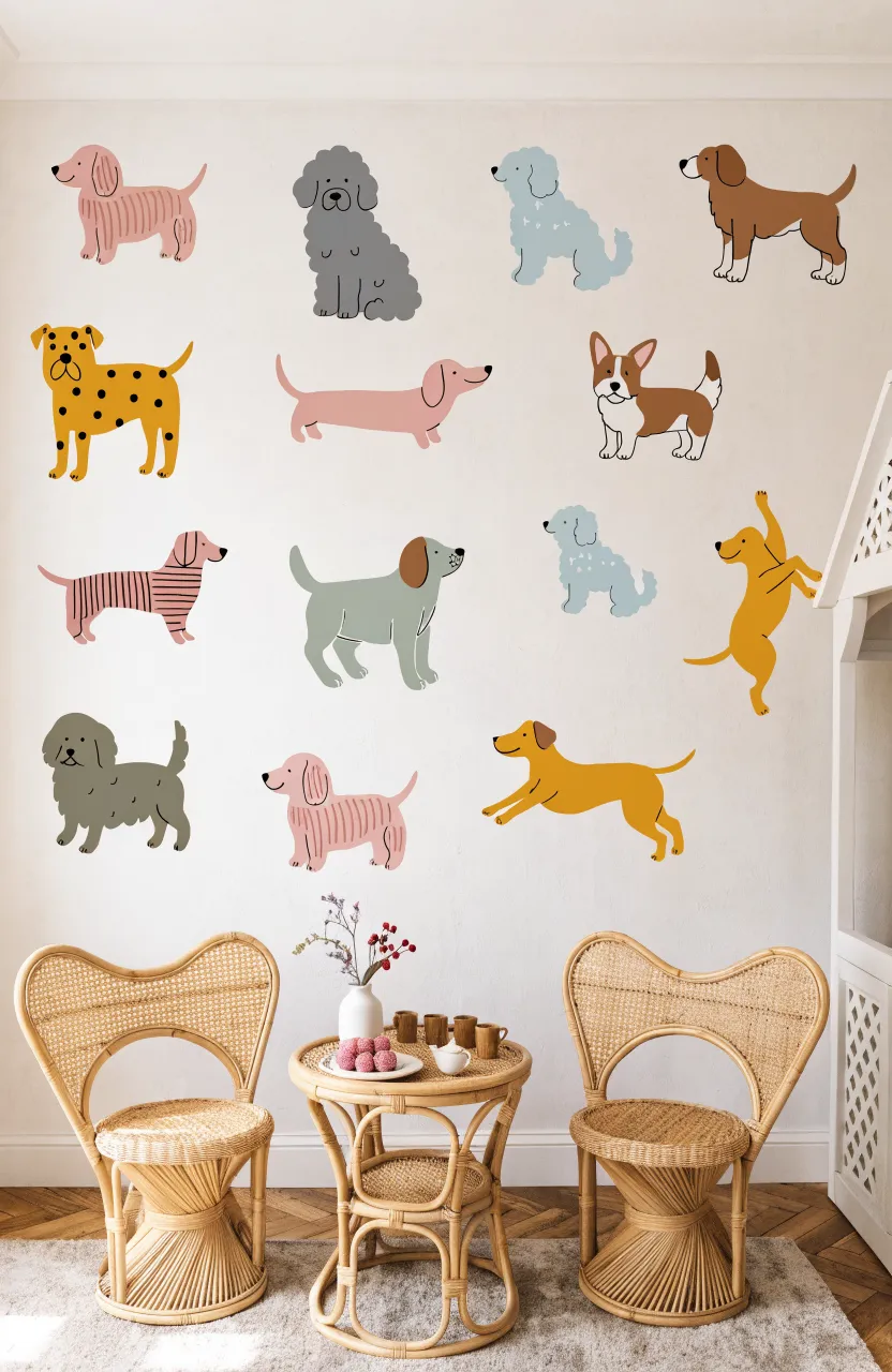 Playroom wall with hand-drawn dog stickers in varying poses and colors behind a rattan table set.