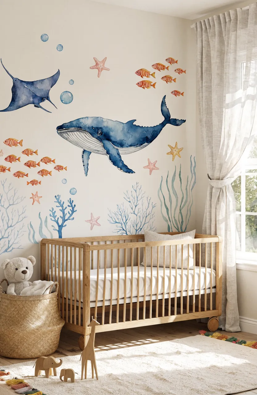 Nursery featuring large watercolor ocean stickers of a blue whale and manta ray above a light wood crib.