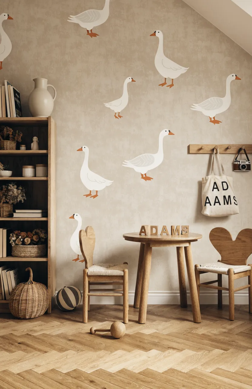 Beige nursery wall with a repeated pattern of elegant white goose stickers in flight and standing poses.