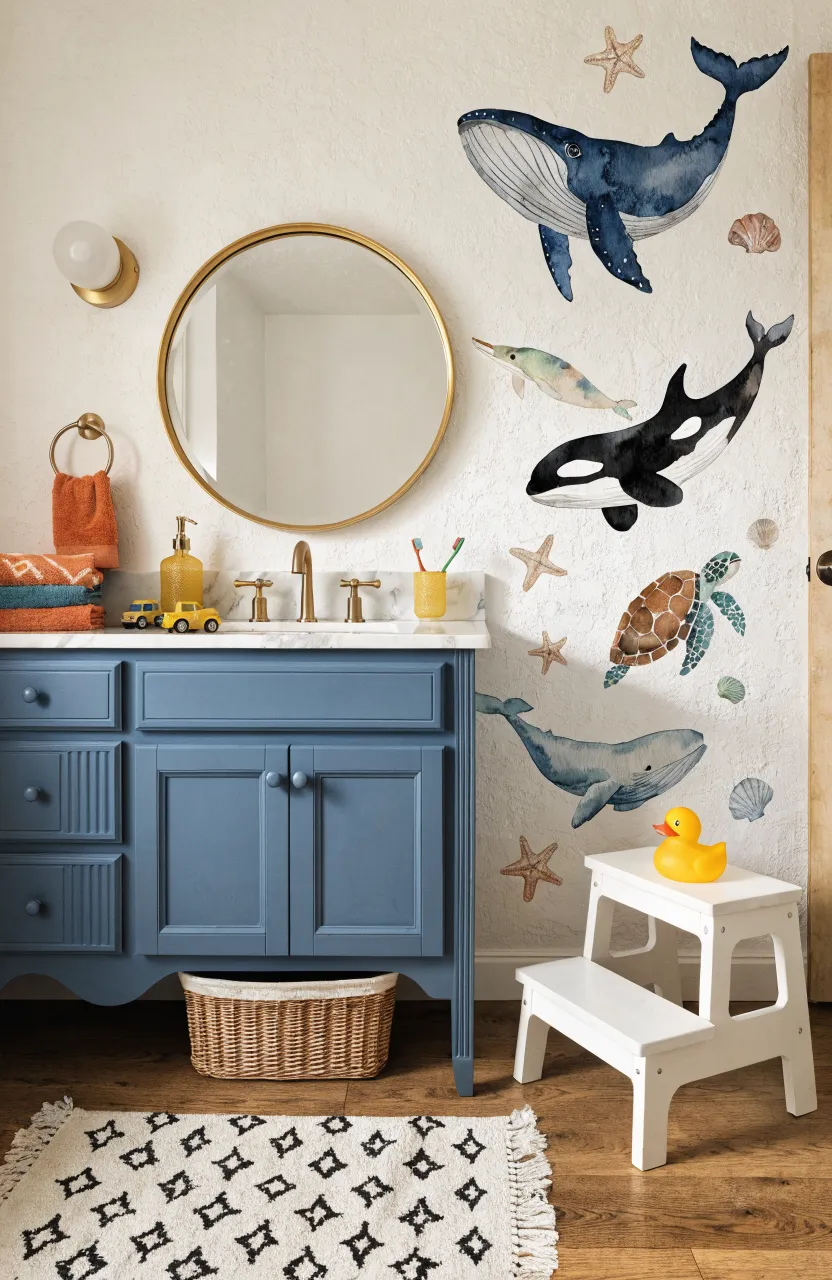 Children's bathroom with a dusty blue vanity and wall decals of whales, narwhals, and jellyfish.