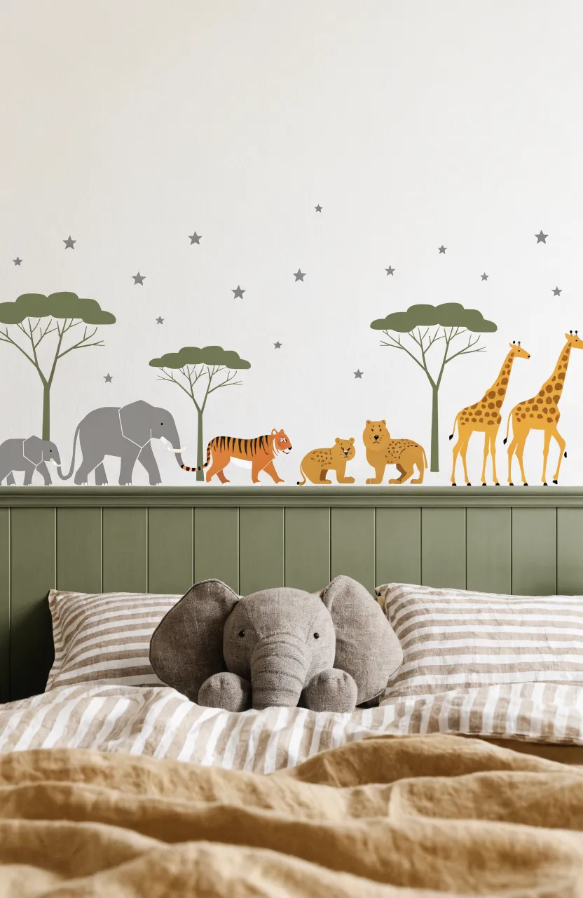 Kids bedroom with olive-green wainscoting and a row of savanna animal stickers like tigers and cheetahs above.