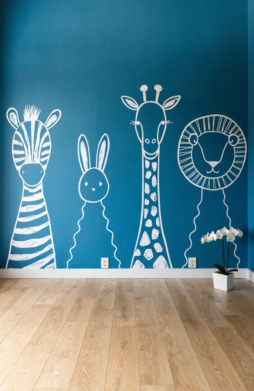 Solid teal blue wall featuring white hand-drawn style animal illustrations of a zebra, rabbit, and lion.