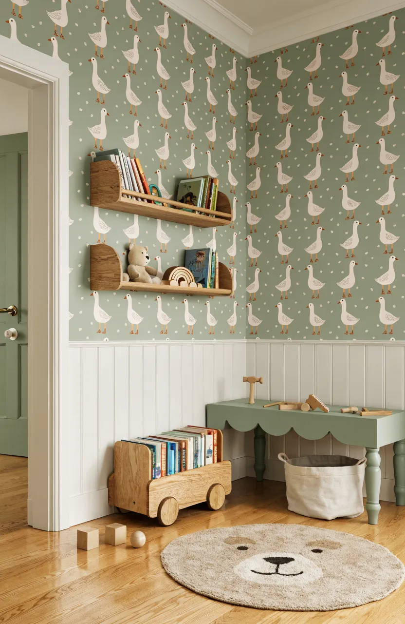 Muted sage green wall with white goose illustrations wearing spotted rain boots and vertical white wainscoting.