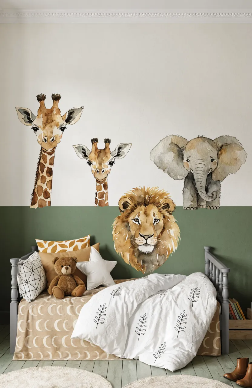 Modern nursery with a two-toned olive green wall and watercolor animal decals appearing to peek over the edge.