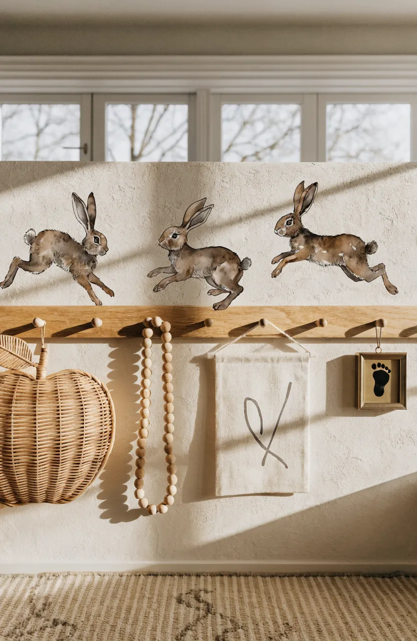 Close-up of four brown rabbit decals in sequential running and sitting poses positioned along a wooden peg rail.
