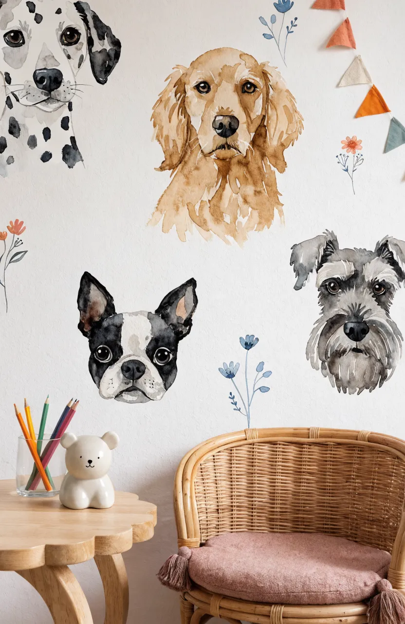 Nursery corner with watercolor dog illustrations and small botanical flowers above a white scalloped table.