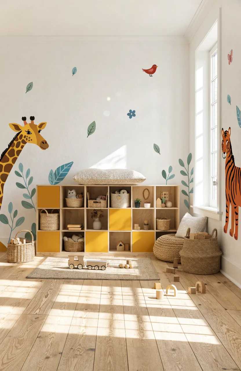 Airy nursery with a large yellow giraffe decal peeking from the side and an orange tiger on the right.