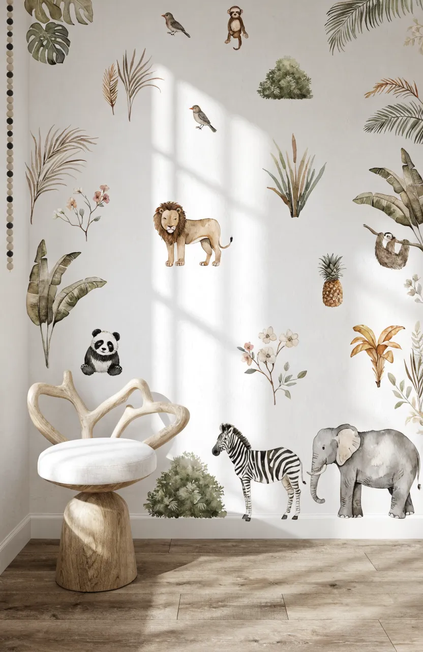 Neutral nursery wall with a collage of watercolor savanna animals like lions, elephants, and pandas.
