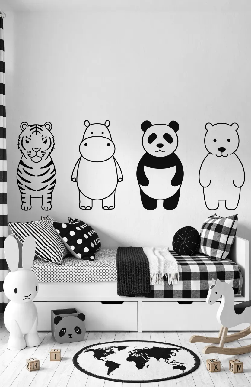 Scandinavian bedroom with black line-art animal decals of a tiger, hippo, and panda above a bed with patterned pillows.