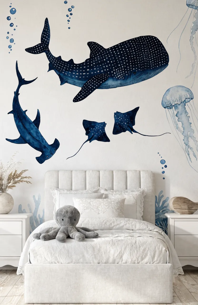 Minimalist kids room with watercolor whale shark and stingray decals on a soft off-white wall.