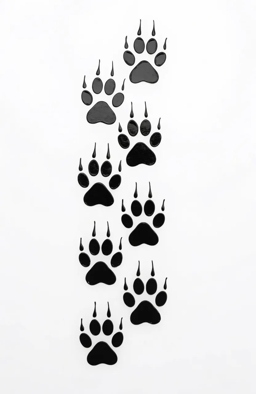 Seven black animal paw print decals trailing in a zigzag path on a stark white matte wall.