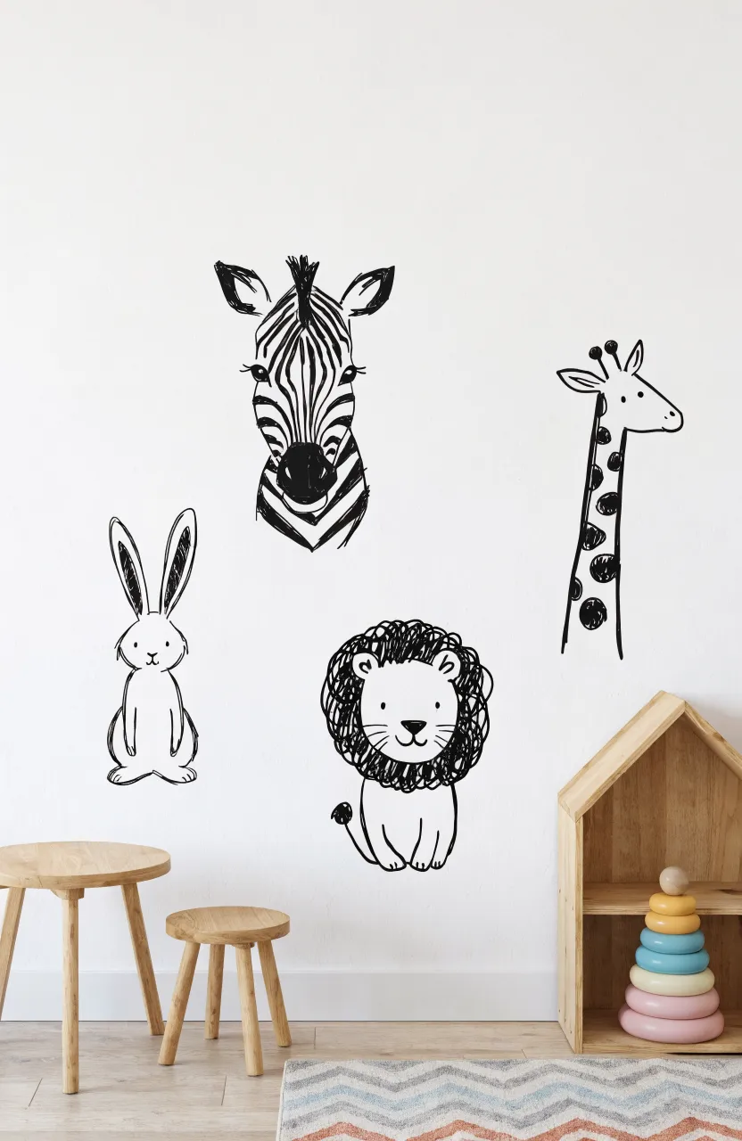 Modern nursery with hand-drawn black ink safari animal decals above a light wood floor and colorful rug.