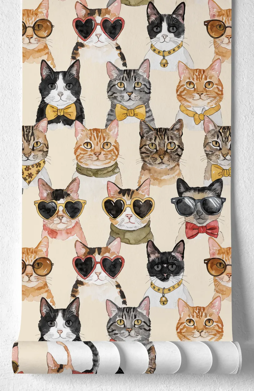 Grid arrangement of watercolor cat portraits wearing accessories like sunglasses and bowties on a wallpaper roll.