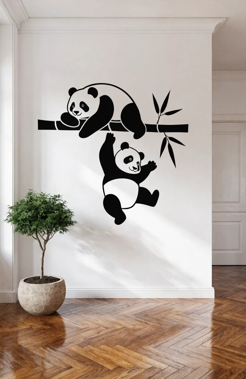 Cute panda wall decal peeking from behind a furniture piece