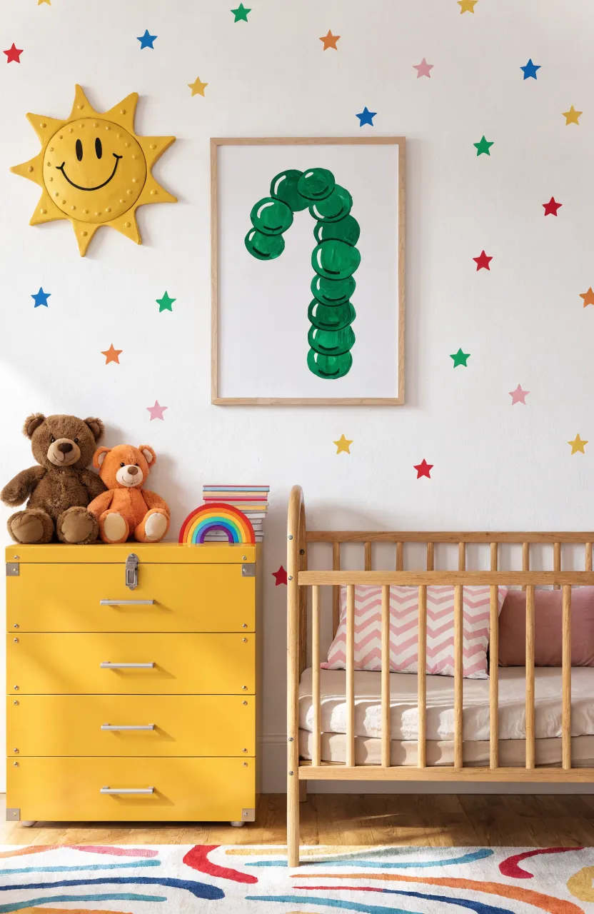Colorful caterpillar and star wall stickers on a nursery wall