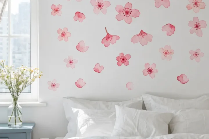 Soft pink cherry blossom branch wall decal extending over a bed
