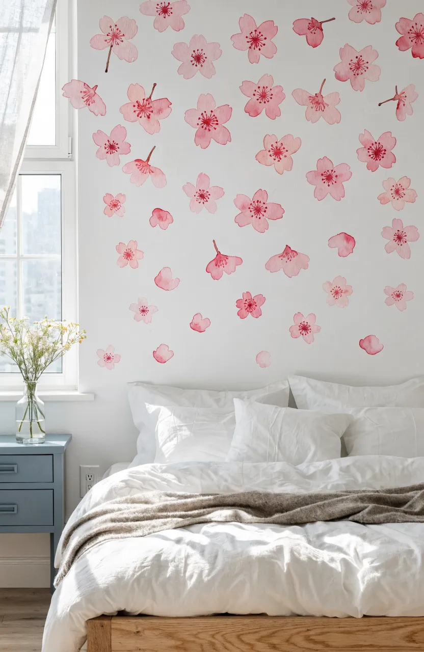 Soft pink cherry blossom branch wall decal extending over a bed