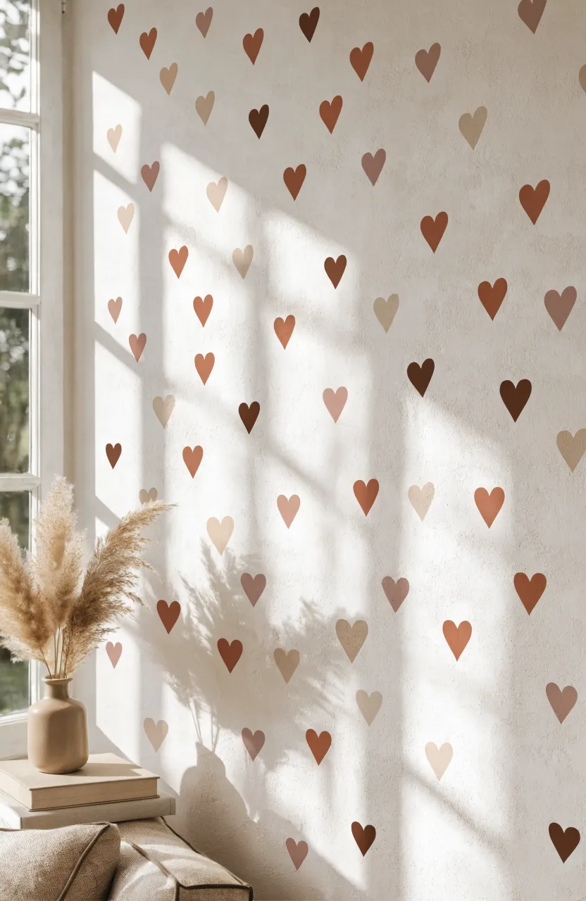 Tiny minimalist black heart decals spaced evenly on a white wall