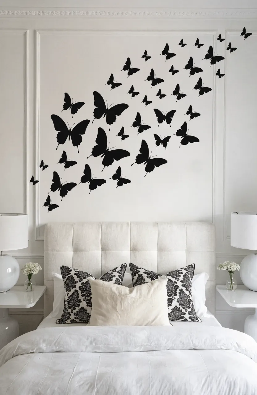 A swarm of black butterfly decals flying across a neutral wall