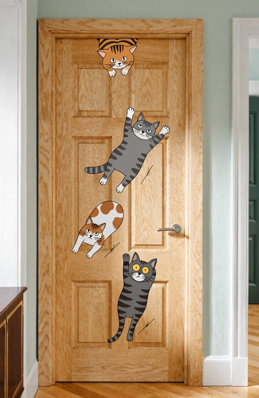 Silhouette of a cat decal appearing to climb a door frame