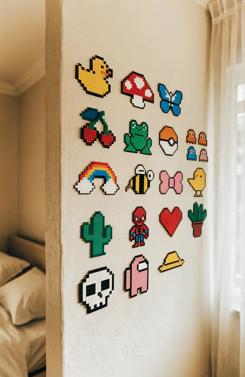 Retro pixel art wall decals on a game room wall