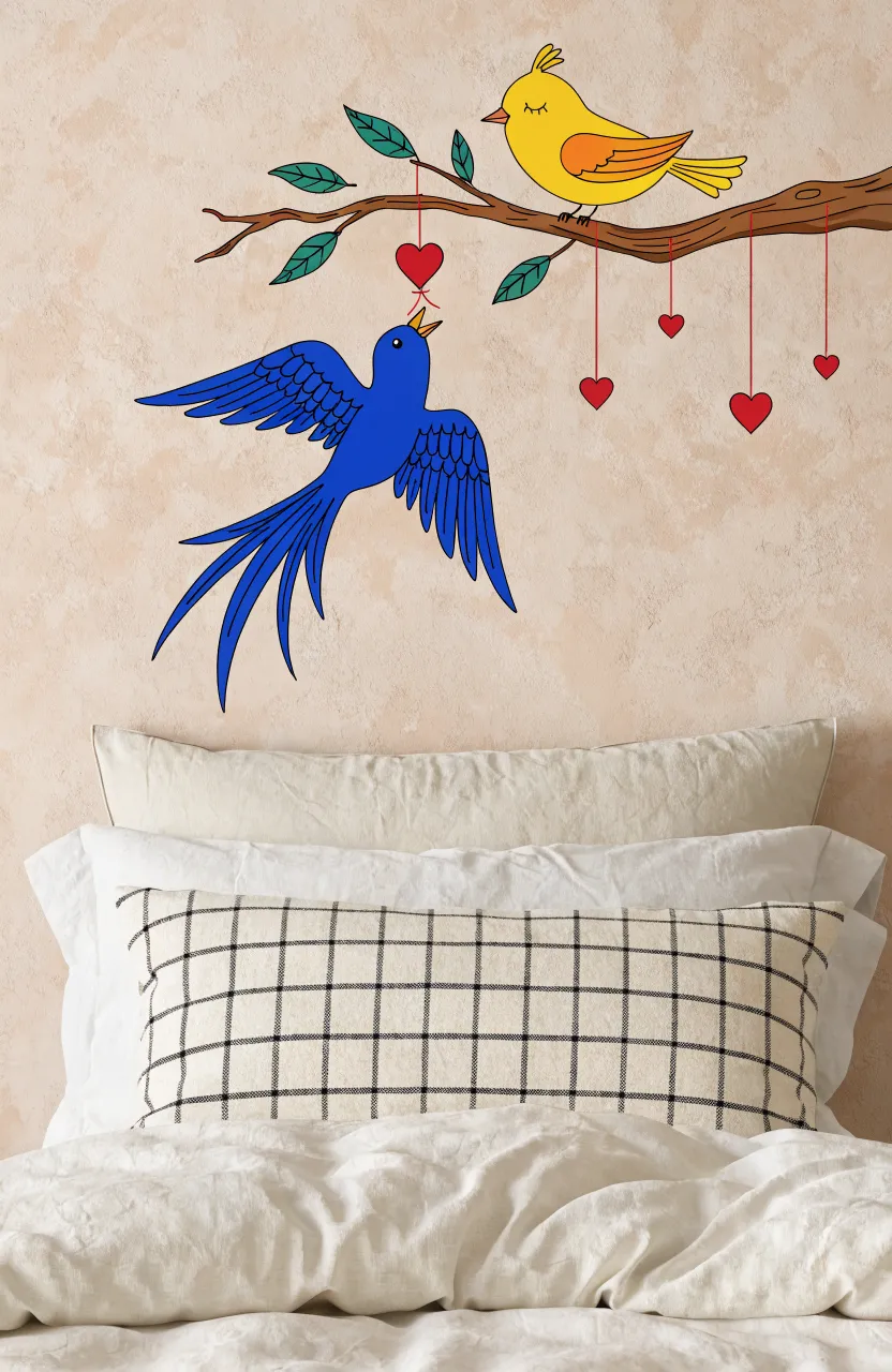 A bird silhouette perched on a branch decal in a reading nook