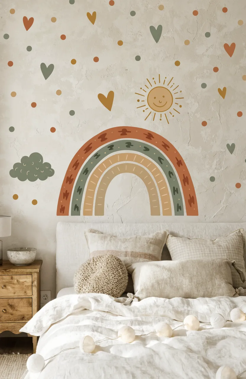 Colorful pastel rainbow wall decal in a nursery room
