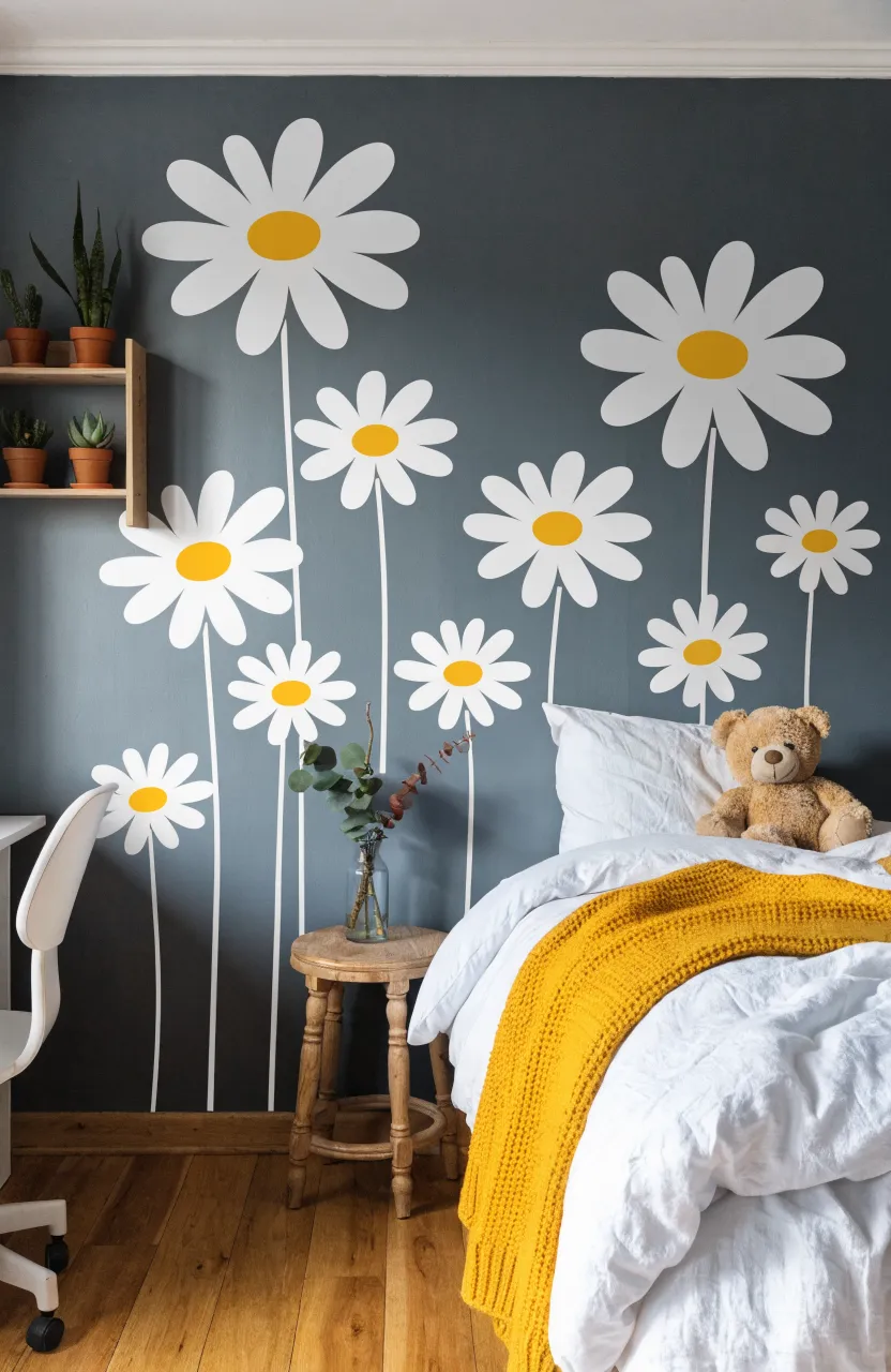 Large white and yellow daisy wall stickers on a soft pink wall