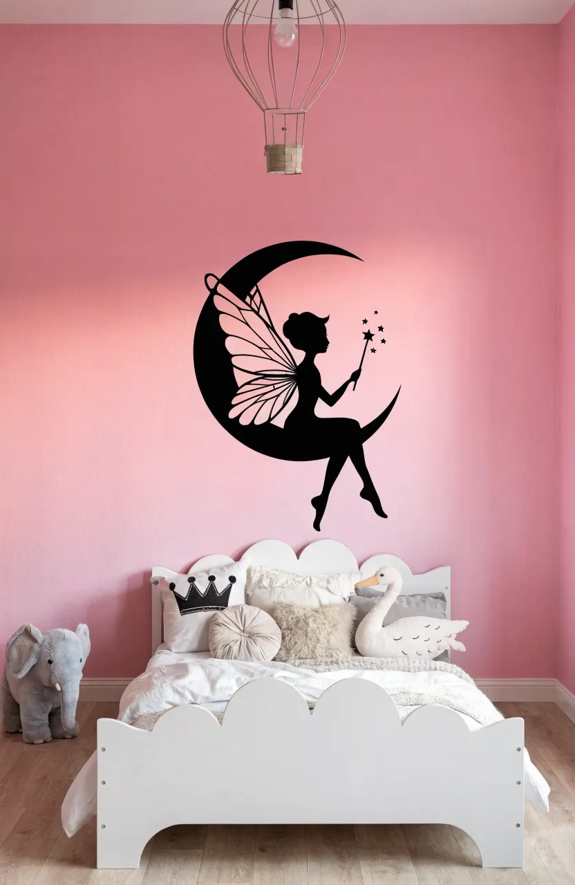 Silhouetted fairy sitting on a crescent moon wall decal