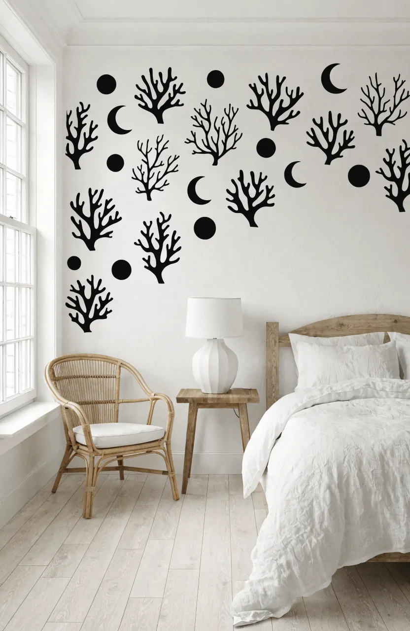 Minimalist coral colored sun and moon shapes on a white wall