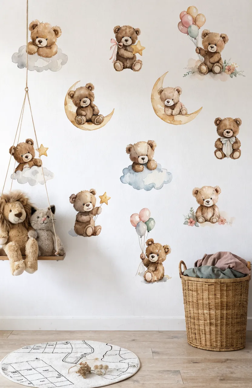Cute illustration of a teddy bear on a cloud wall decal