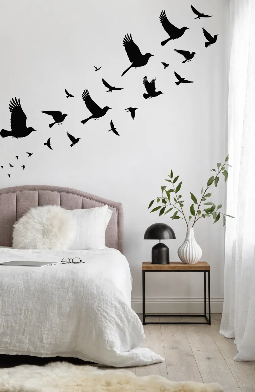 Black minimalist bird silhouettes in flight on a grey wall