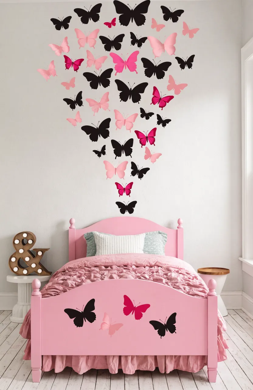 A cluster of purple and blue butterfly decals on a nursery wall