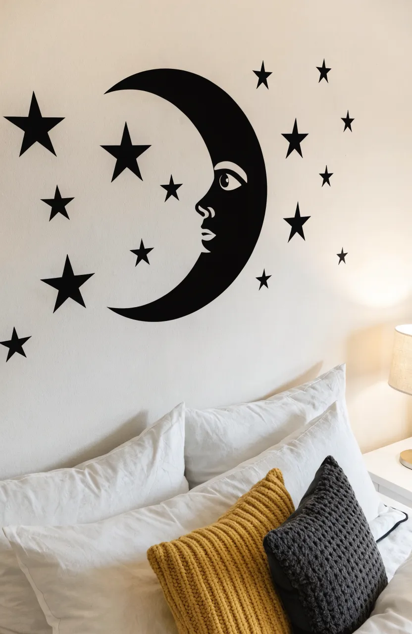 Glowing moon and stars wall decals in a dark nursery