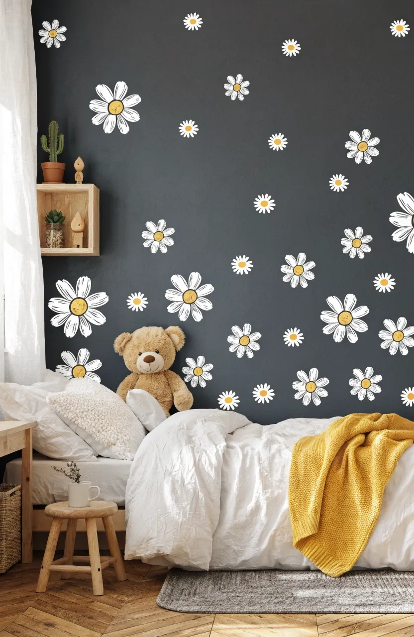 Hand-drawn whimsical yellow daisy wall graphics