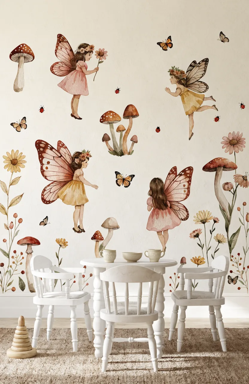 A colorful wall mural depicting a whimsical fairy garden with flowers and mythical creatures.