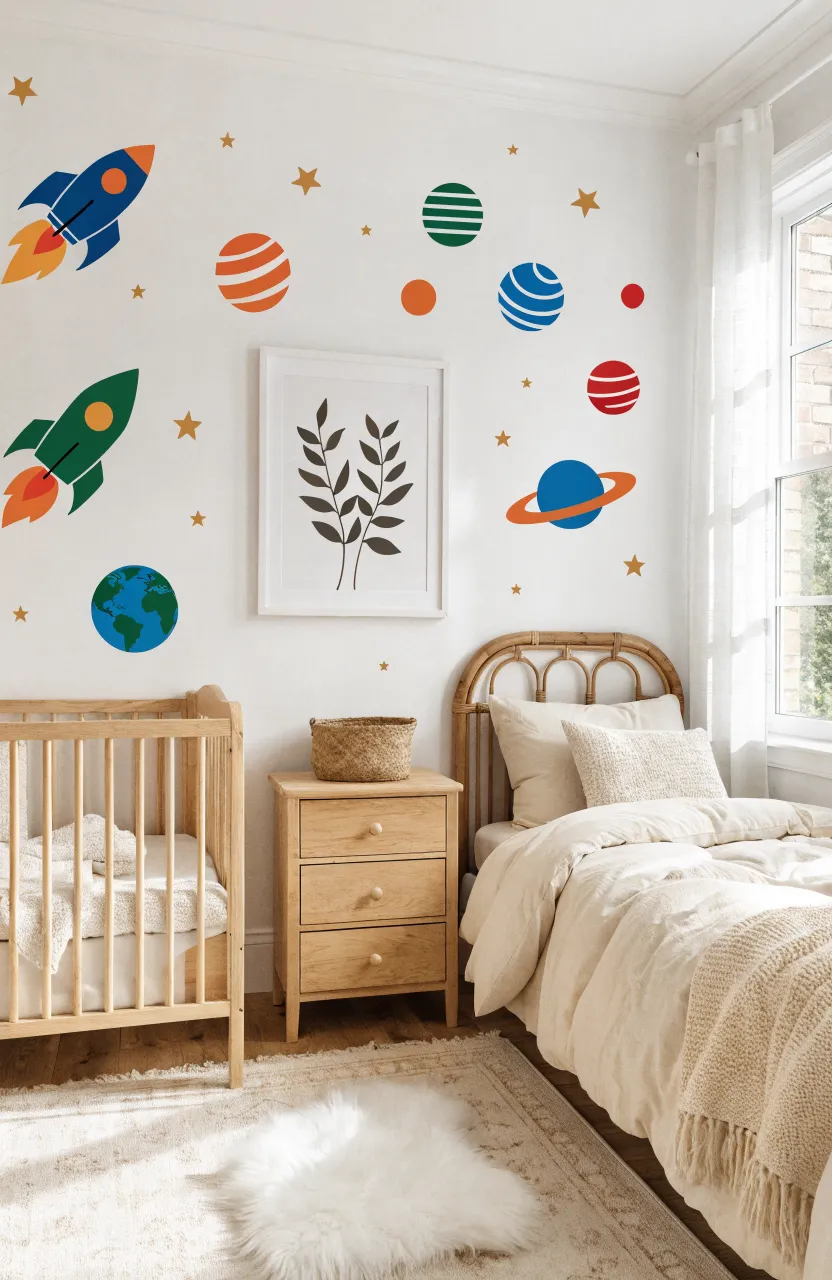 A collection of high-quality outer space wall decals featuring a floating astronaut and various planets.