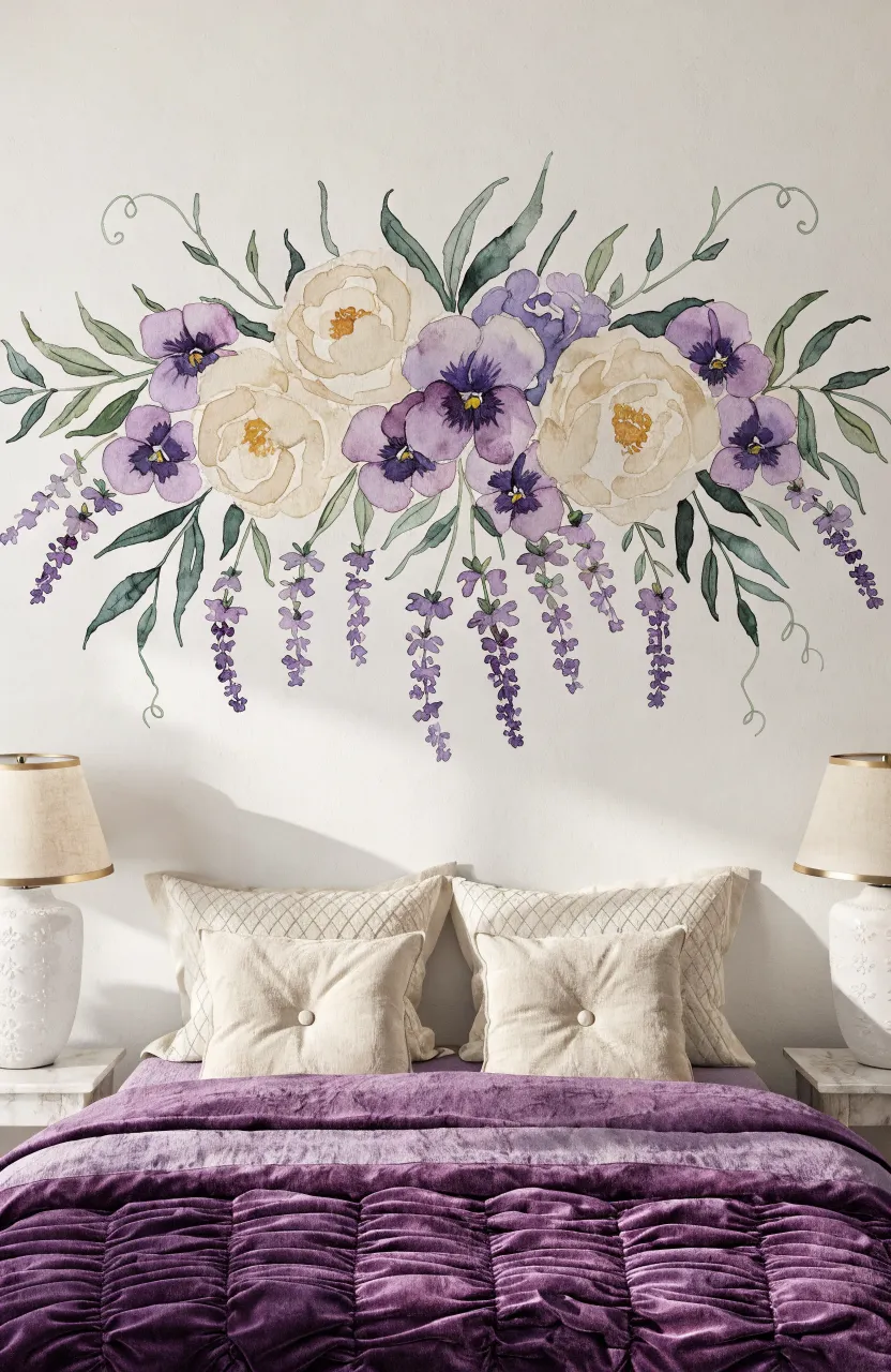 Soft pink watercolor flower wall decals in a modern bedroom