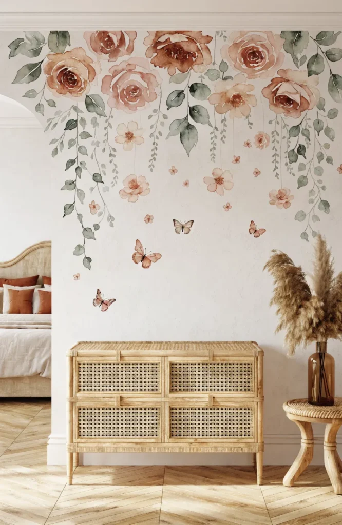 Large scale pink peonies and red roses as a wall feature